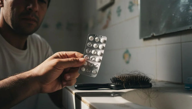 Pastillas para la caída del cabello: hombre sosteniendo un blíster de tabletas junto al cepillo con pelo caído