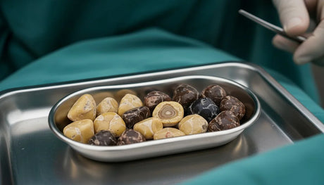 Piedras en la vesícula: cálculos biliares amarillos y oscuros extraídos en cirugía, en una bandeja metálica de quirófano