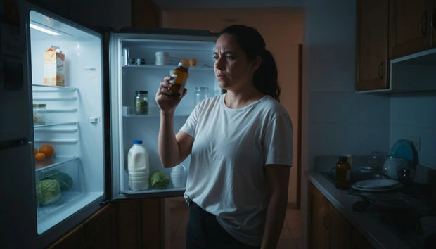 Mujer revisando un frasco de probióticos frente a la nevera, probióticos para la mujer