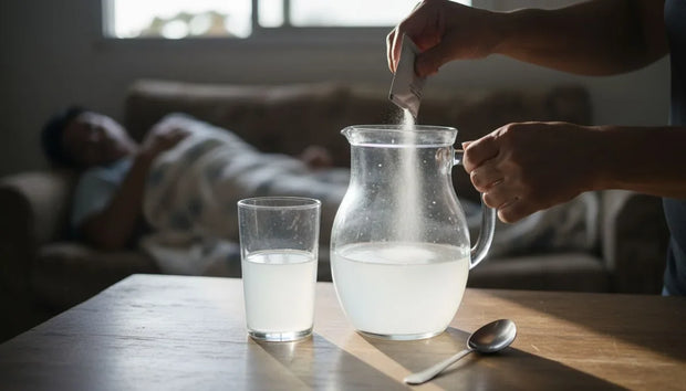 Remedios caseros para la diarrea: manos vertiendo un sobre de sales de rehidratación oral en una jarra de agua, con una persona enferma recostada en el sofá al fondo