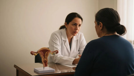 Consulta de ginecología con un modelo anatómico del aparato reproductor femenino: qué es bueno para la resequedad vaginal