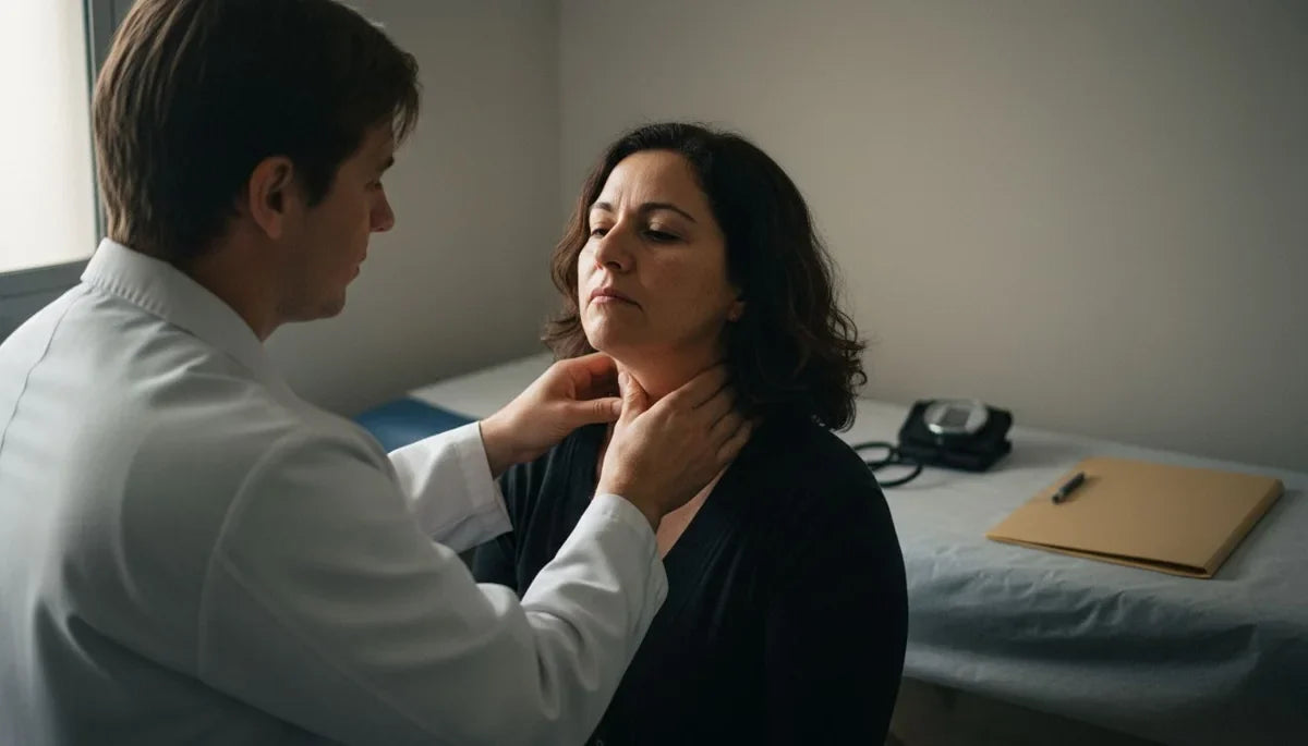 Síntomas de tiroides: médico palpando el cuello de una paciente sentada en el consultorio para examinar la glándula tiroides