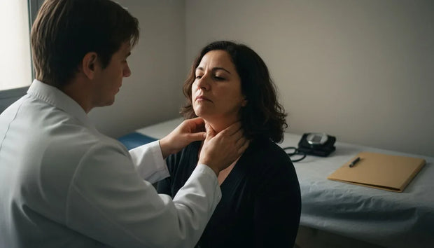 Síntomas de tiroides: médico palpando el cuello de una paciente sentada en el consultorio para examinar la glándula tiroides