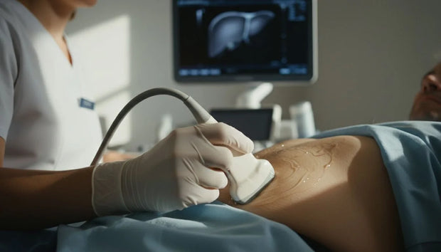 Síntomas de hígado graso: ecografía de abdomen con el transductor y gel sobre el costado derecho del paciente y el hígado en el monitor