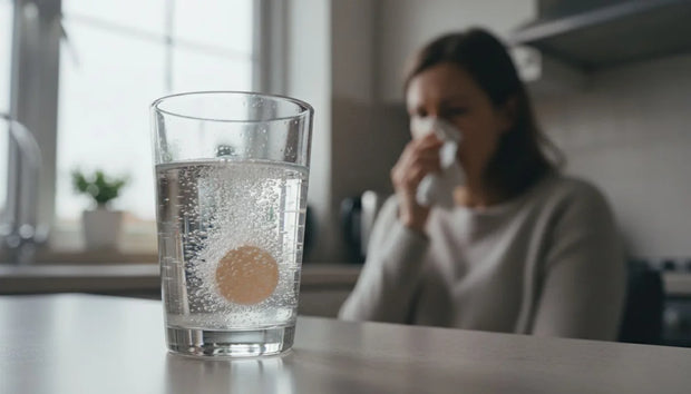 Para qué sirve la vitamina C: tableta efervescente disolviéndose en un vaso de agua sobre el mesón de la cocina, con una mujer resfriada al fondo