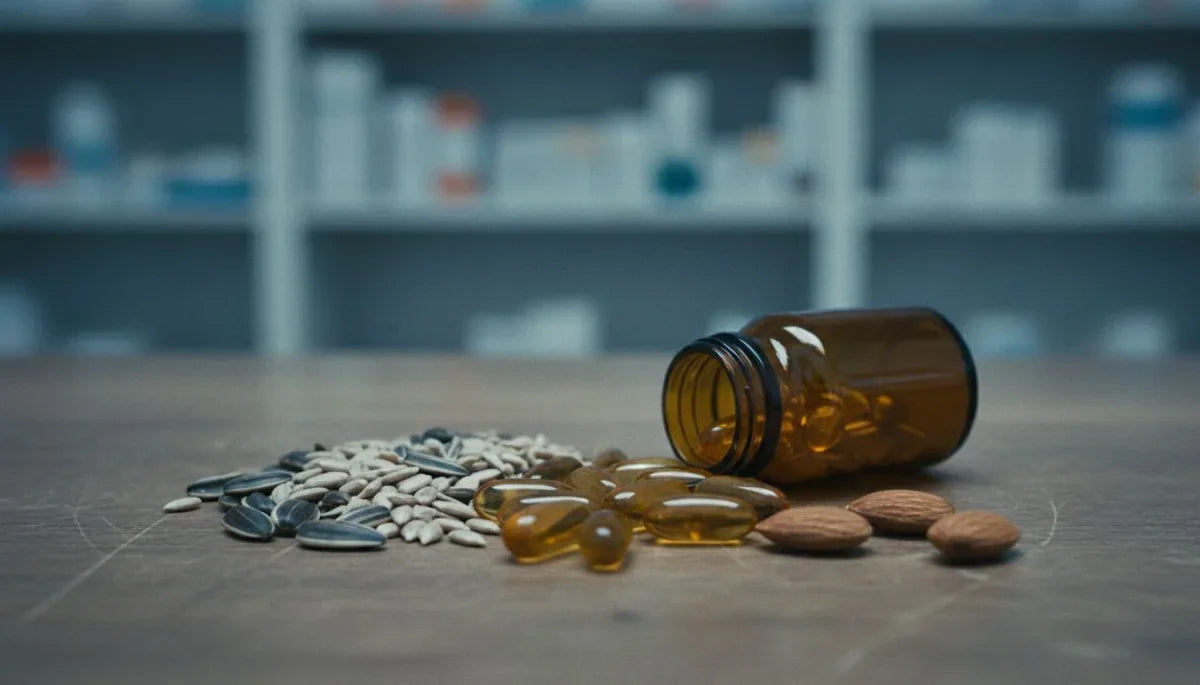 Vitamina E para qué sirve: cápsulas ámbar volcadas junto al frasco, con semillas de girasol y almendras sobre el mostrador