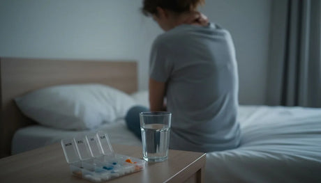 Pastillero y vaso de agua en la mesa de noche al amanecer, vitaminas para el cansancio