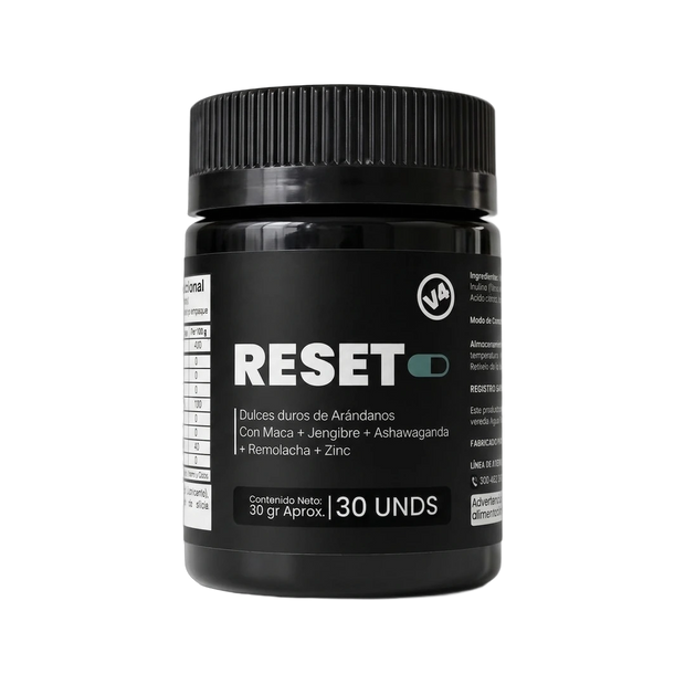Frasco de Reset V4 con 30 dulces duros de arándanos, con maca, jengibre, ashwagandha, remolacha y zinc