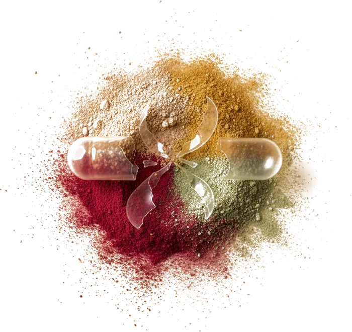 Cápsula abierta con los polvos de maca, ginseng, jengibre y hierbas mezclándose