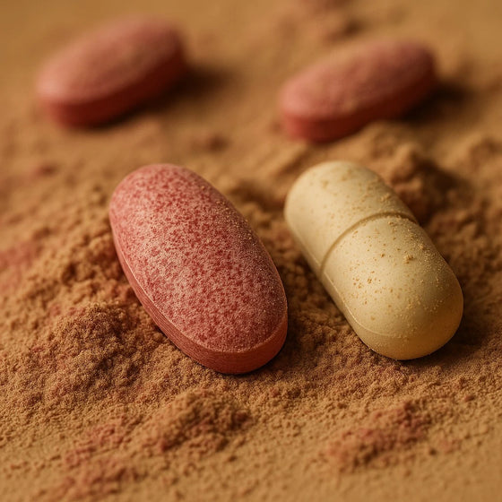 Tableta y cápsula de Reset sobre el polvo de sus ingredientes