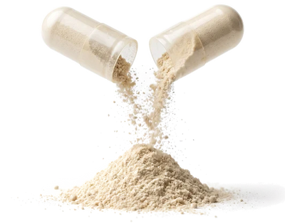 Cápsula de Reset V3 abierta con el polvo de sus ingredientes saliendo