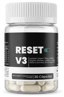Frasco de Reset con la mitad transparente mostrando las cápsulas adentro